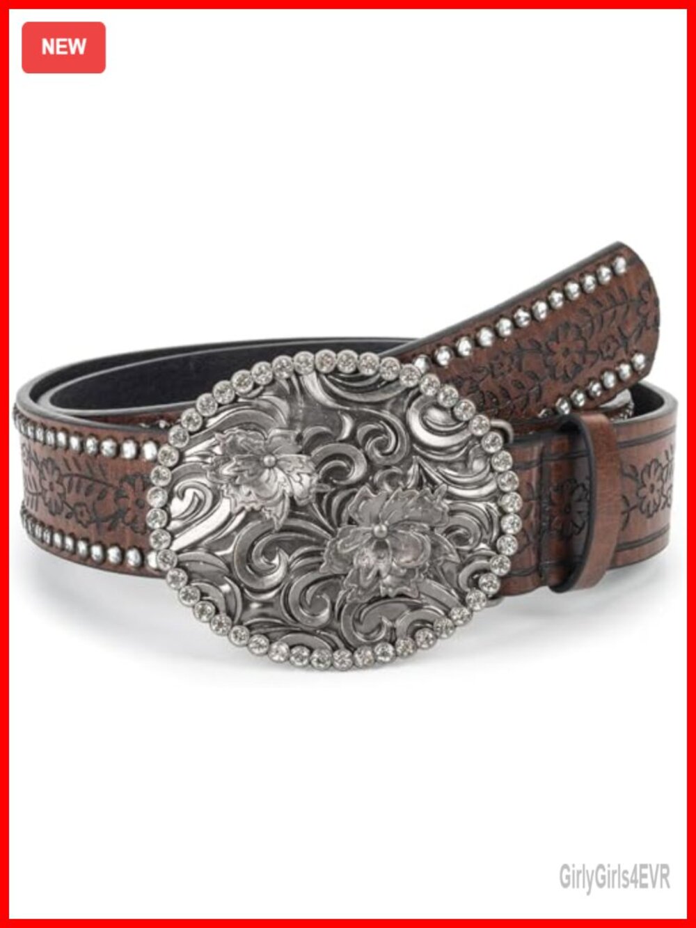 Western Belt PU Leather Rhinestone Flower Buckle Waist Belt